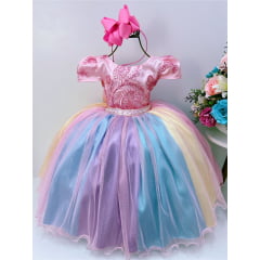 Vestido Infantil Unicórnio Chuva de Amor Arco Iris e Rendas