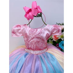 Vestido Infantil Unicórnio Chuva de Amor Arco Iris e Rendas