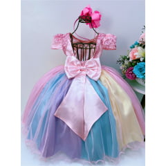 Vestido Infantil Unicórnio Chuva de Amor Arco Iris e Rendas
