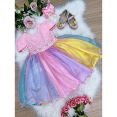 Vestido Infantil Unicórnio Chuva de Amor Arco Iris Festas