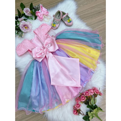 Vestido Infantil Unicórnio Chuva de Amor Arco Iris Festas