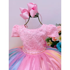 Vestido Infantil Unicórnio Chuva de Amor Luxo Arco Iris