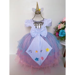 Vestido Infantil Unicórnio Colorido Com Mangas 4 ao 12