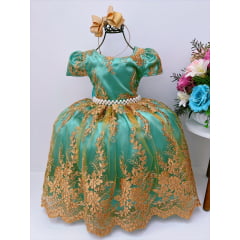 Vestido Infantil Verde C/ Renda Dourada Realeza Pérolas