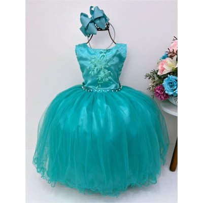 Vestido Infantil Verde Damas de Honra e Cinto Strass Pérola