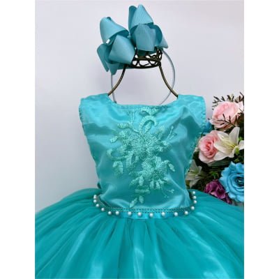 Vestido Infantil Verde Damas de Honra e Cinto Strass Pérola