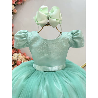 Vestido Infantil Verde Menta C/ Strass Casamentos Festas Luxo