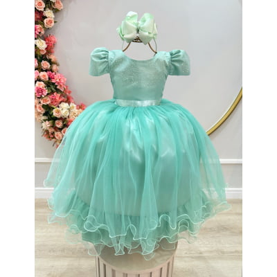 Vestido Infantil Verde Menta C/ Strass Casamentos Festas Luxo