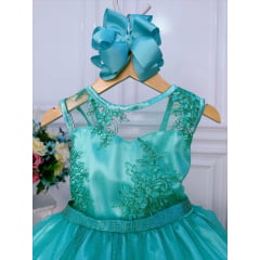 Vestido Infantil Verde Renda Realeza e Tule C/ Glitter