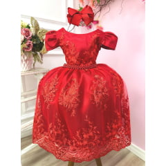 Vestido Infantil Vermelho Com Renda Realeza Cinto de Pérolas