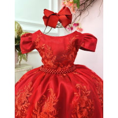 Vestido Infantil Vermelho Com Renda Realeza Cinto de Pérolas
