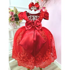 Vestido Infantil Vermelho Com Renda Realeza Cinto de Pérolas