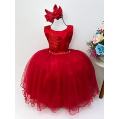 Vestido Infantil Vermelho Damas de Honra Cinto Strass Pérola