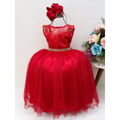 Vestido Infantil Vermelho Renda e Tule C/ Brilho Luxo