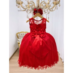 Vestido Infantil Vermelho Renda e Tule C/ Brilho Luxo