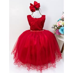 Vestido Infantil Vermelho Renda Pérolas Saia Tule Luxo Festas