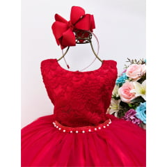 Vestido Infantil Vermelho Renda Pérolas Saia Tule Luxo Festas