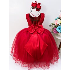 Vestido Infantil Vermelho Renda Pérolas Saia Tule Luxo Festas