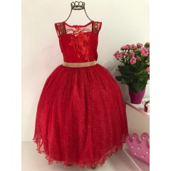 Vestido Infantil Vermelho Renda Tule com Brilho Damas Luxo