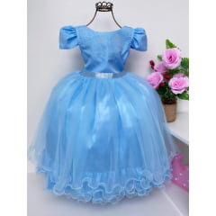 Vestido Infantil Azul Damas Brilho Luxo Mangas Princesas