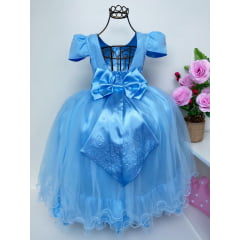 Vestido Infantil Azul Damas Brilho Luxo Mangas Princesas