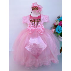 Vestido Infantil Rosa Damas Brilho Luxo Mangas Princesas