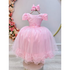 Vestido Infantil Rosa Damas Brilho Luxo Mangas