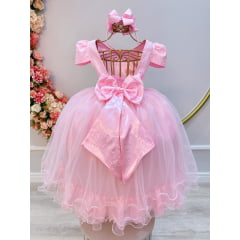 Vestido Infantil Rosa Damas Brilho Luxo Mangas