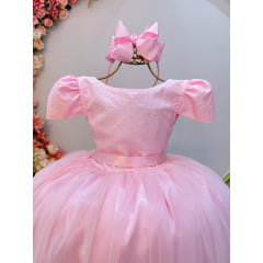 Vestido Infantil Rosa Damas Brilho Luxo Mangas
