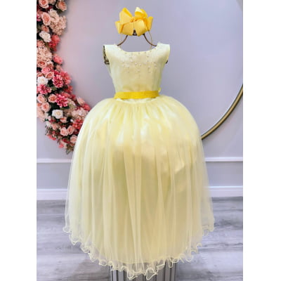 Vestido Infantil Amarelo Damas de Honra Longo Strass Pérolas