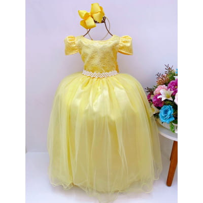 Vestido Infantil Amarelo Tule Longo C/ Renda Damas Luxo