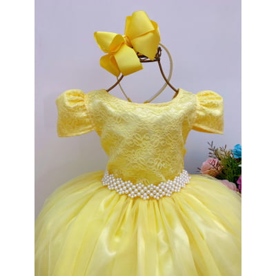 Vestido Infantil Amarelo Tule Longo C/ Renda Damas Luxo