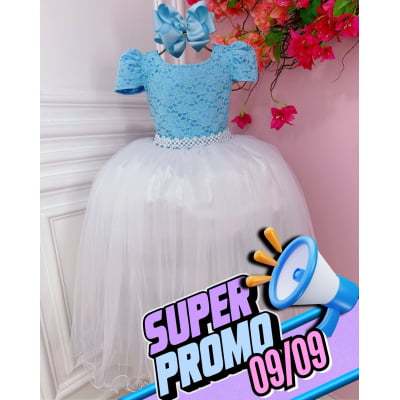 Vestido Infantil Azul C/ Renda e Saia Branca Damas Longo Vestido Infantil Azul C/ Renda e Saia Branca Damas Longo