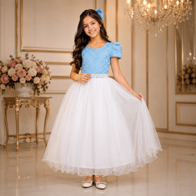 Vestido Infantil Azul C/ Renda e Saia Branca Damas Longo