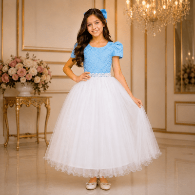 Vestido Infantil Azul C/ Renda e Saia Branca Damas Longo