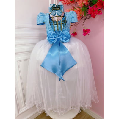 Vestido Infantil Azul C/ Renda e Saia Branca Damas Longo