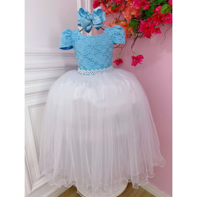 Vestido Infantil Azul C/ Renda e Saia Branca Damas Longo