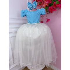 Vestido Infantil Azul C/ Renda e Saia Off White Damas Longo