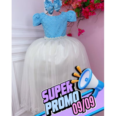 Vestido Infantil Azul C/ Renda e Saia Off White Damas Longo