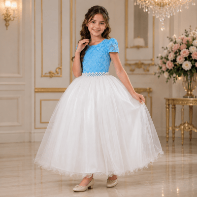Vestido Infantil Damas Longo, Azul/Off White, em Cetim, Renda e Tule