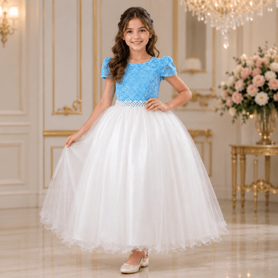 Vestido Infantil Damas Longo, Azul/Off White, em Cetim, Renda e Tule