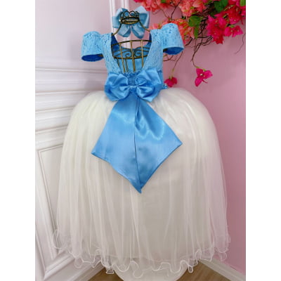 Vestido Infantil Damas Longo, Azul/Off White, em Cetim, Renda e Tule