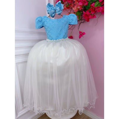 Vestido Infantil Damas Longo, Azul/Off White, em Cetim, Renda e Tule