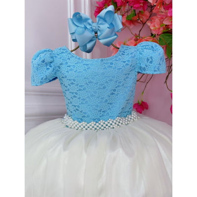 Vestido Infantil Damas Longo, Azul/Off White, em Cetim, Renda e Tule