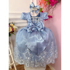 Vestido Infantil Azul Com a Renda Realeza e Cinto de Pérolas