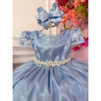 Vestido Infantil Azul Com a Renda Realeza e Cinto de Pérolas