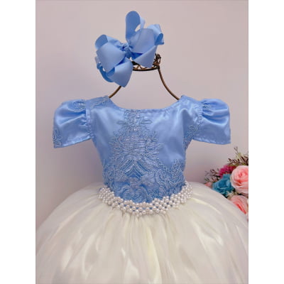 Vestido Infantil Azul com Renda Brilho Saia Off Damas Longo