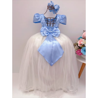 Vestido Infantil Azul com Renda Brilho Saia Off Damas Longo