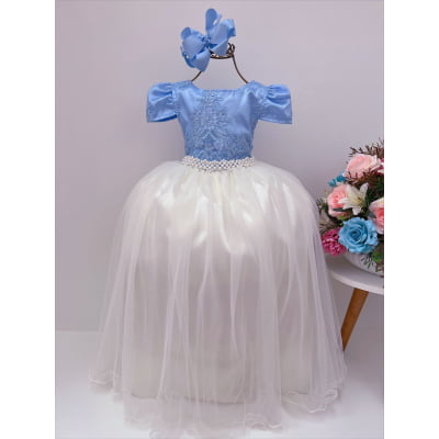 Vestido Infantil Azul com Renda Brilho Saia Off Damas Longo
