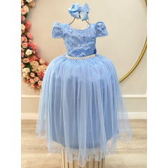 Vestido Infantil Azul Longo Damas C/ Renda Casamento Festas